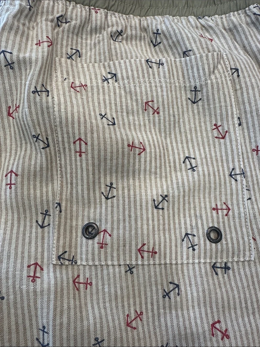 NWT Parke & Ronen Beige Striped Swim Trunks with Red & Navy Anchors